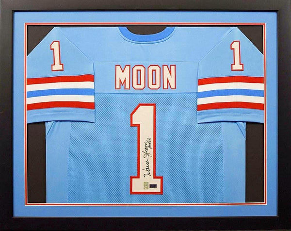 WARREN MOON AUTOGRAPHED HOUSTON OILERS #1 FRAMED JERSEY W/ HOF 06