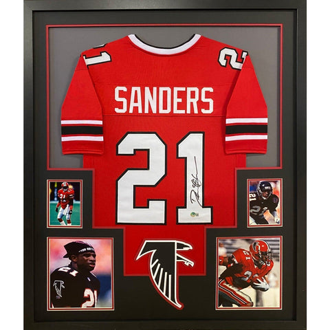 Deion Sanders Autographed Signed Framed Red TB Falcons Jersey BECKETT