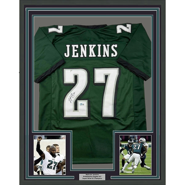 Framed Autographed/Signed Malcolm Jenkins 33x42 Green Jersey Beckett BAS COA