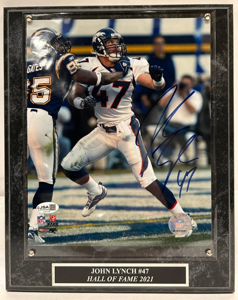 John Lynch Autographed 8x10 Denver Broncos Action Photo with Plaque JSA COA