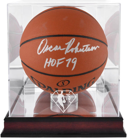 Oscar Robertson Bucks Signed Spalding Basketball Ins/75 Anniversary Display Case
