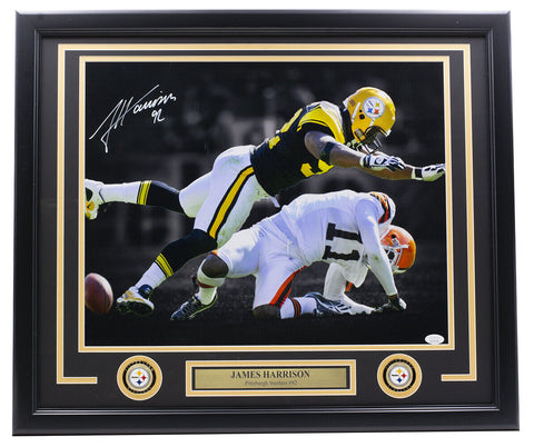 James Harrison Signed Framed 16x20 Pittsburgh Steelers Football Photo JSA