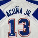 Autographed/Signed RONALD ACUNA JR. Atlanta White Retro Jersey Beckett COA