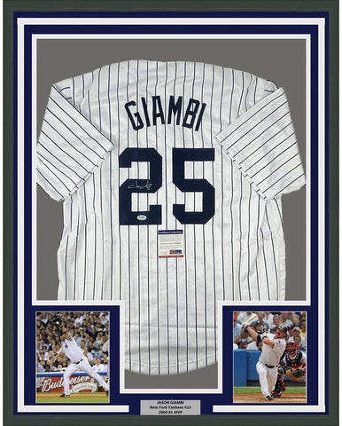 FRAMED Autographed/Signed JASON GIAMBI 35x39 Pinstripe Jersey PSA COA