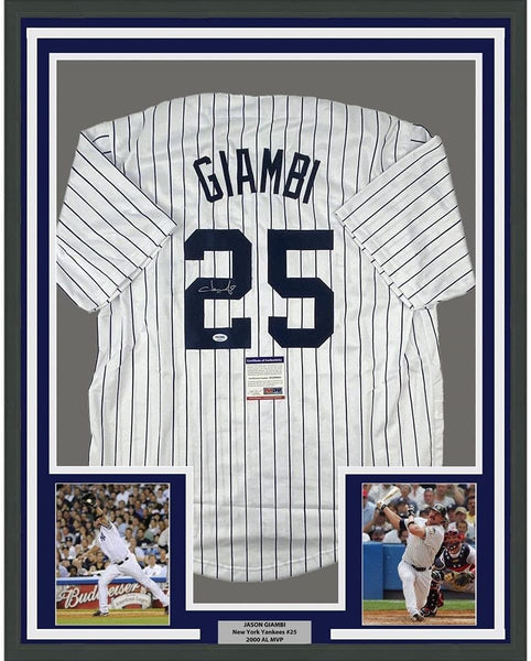FRAMED Autographed/Signed JASON GIAMBI 35x39 Pinstripe Jersey PSA COA