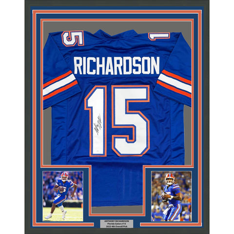 Framed Autographed/Signed Anthony Richardson 35x39 Florida Blue Jersey JSA COA