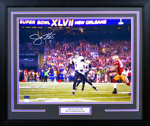 JOE FLACCO SIGNED BALTIMORE RAVENS SUPER BOWL XLVII 16x20 FRAMED PHOTO JSA