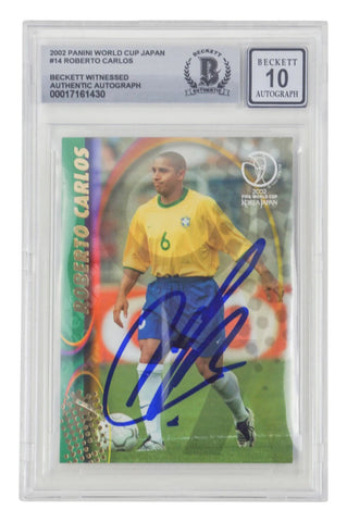 Roberto Carlos Signed 2002 Panini World Cup Japan #14 - BGS 10 Witnessed