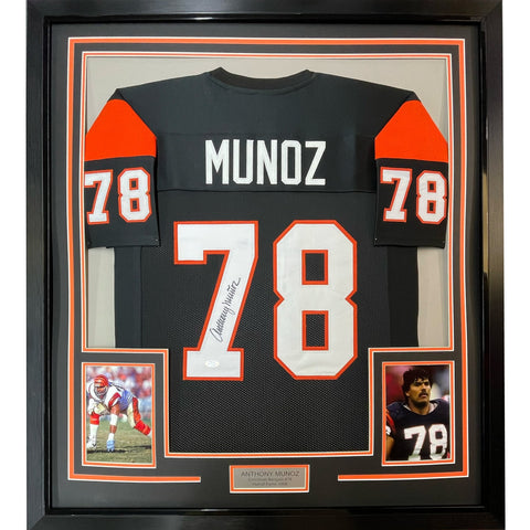 Framed Signed Anthony Munoz 35x39 Cincinnati Black Jersey JSA COA