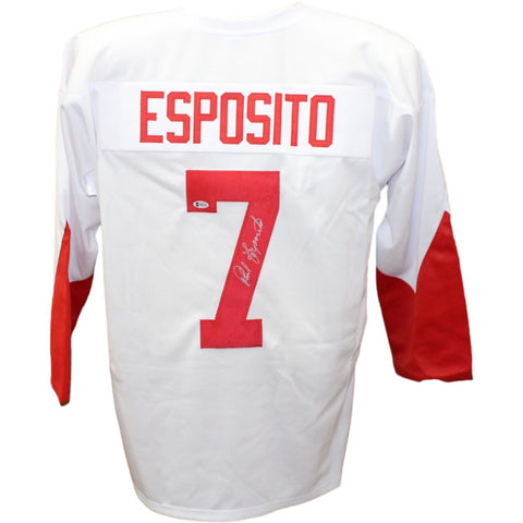 Phil Esposito Autographed/Signed Pro Style White Jersey Beckett 43411