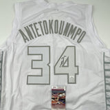 Autographed/Signed Giannis Antetokounmpo Milwaukee White Ice Basketball Jersey J