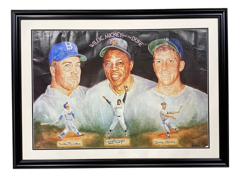 Mickey Mantle Willie Mays Duke Snider Signed Framed 22x34 Lithograph JSA