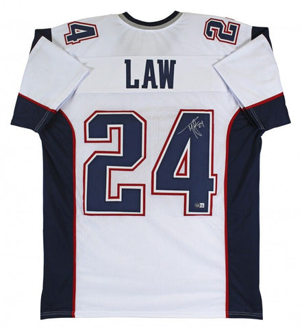 Ty Law Signed New England Patriots White Jersey (Beckett) 3xSuper Bowl Champion