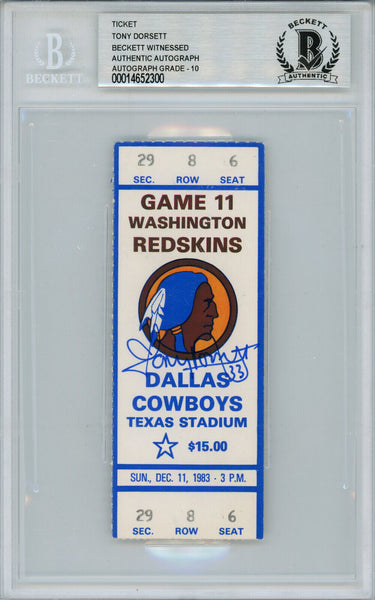 Tony Dorsett Autographed 12/11/1983 vs Redskins Ticket Beckett Slab 39181