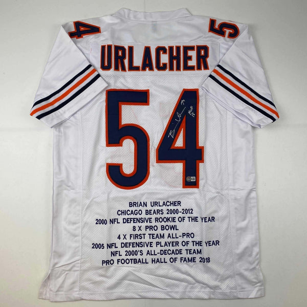 Autographed/Signed Brian Urlacher HOF 18 Chicago White Stat Jersey Beckett COA