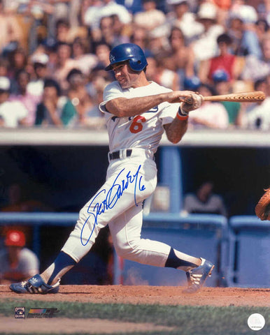 Steve Garvey Signed Dodgers White Jersey Swinging 16x20 Photo (In Blue) (SS COA)