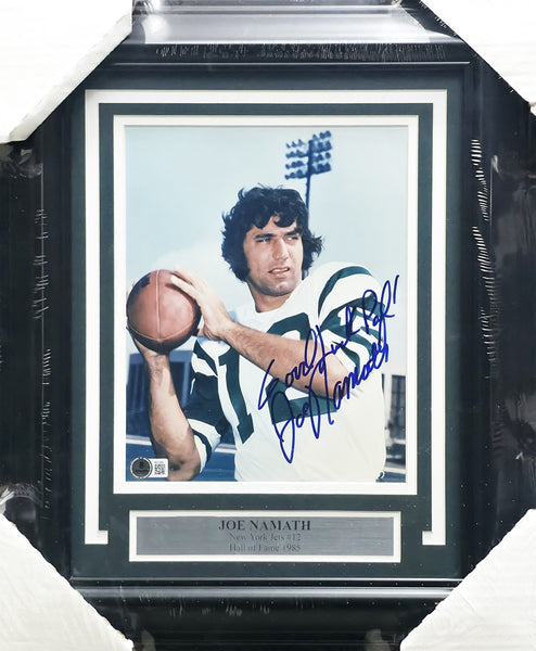 Joe Namath Autographed Framed 8x10 Photo Jets Good Luck Pal! Beckett QR #AE31689