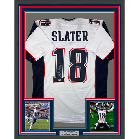 Framed Autographed/Signed Matthew Slater 33x42 New England White Jersey BAS COA