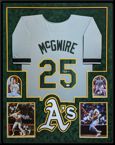 FRAMED IN SUEDE OAKLAND A'S MARK MCGWIRE AUTOGRAPHED SIGNED JERSEY JSA COA