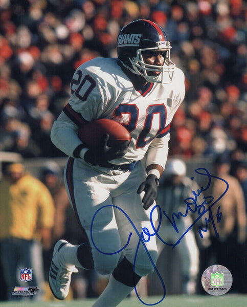 Joe Morris Signed Giants White Jersey Running 8x10 Photo w/NYG- (SCHWARTZ COA)
