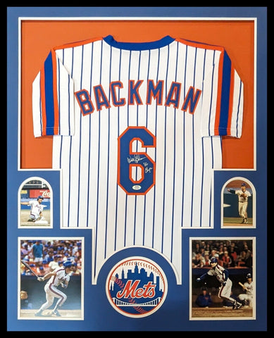 FRAMED NEW YORK METS WALLY BACKMAN AUTOGRAPHED SIGNED INSCRIBED JERSEY PSA COA