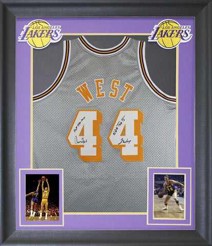 Lakers Jerry West "3x Insc" Signed Grey M&N HWC Swingman Framed Jersey BAS Wit