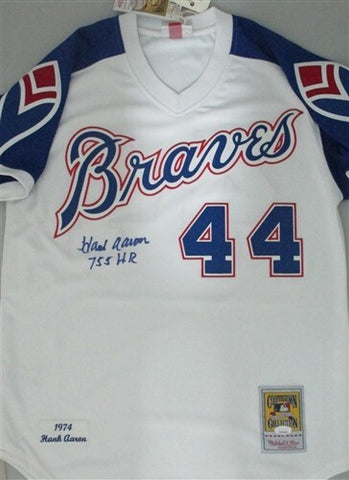 HANK AARON Signed Official 1974 Mitchell & Ness Jersey w/ "755 HR" AUTO - JSA