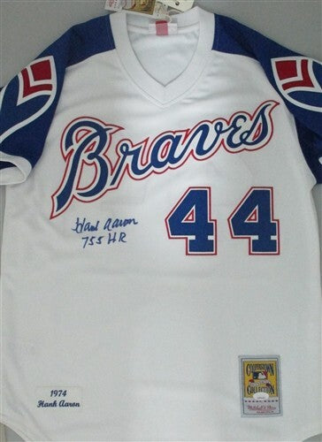 HANK AARON Signed Official 1974 Mitchell & Ness Jersey w/ "755 HR" AUTO - JSA