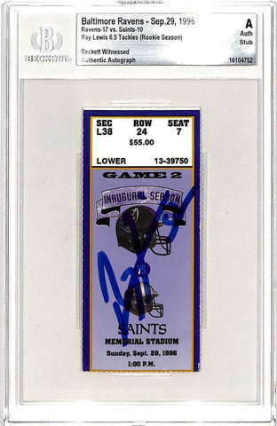 Ray Lewis Signed Baltimore Ravens 9/29/96 Ticket Stub Slab Beckett 42753