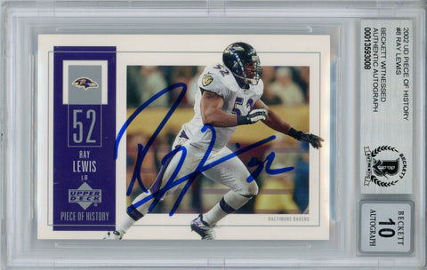 Ray Lewis Signed 2002 Upper Deck Piece Of History #8 Card BAS 10 Slab 35242