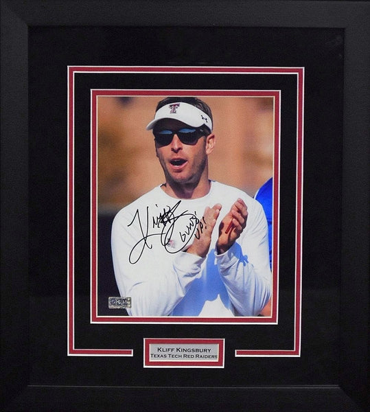 KLIFF KINGSBURY SIGNED TEXAS TECH RED RAIDERS 8x10 FRAMED PHOTO W/ GUNS UP