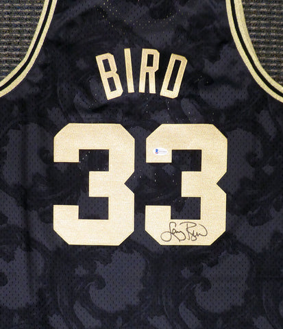 CELTICS LARRY BIRD AUTOGRAPHED BLACK M&N GOLD TOILE JERSEY XL BECKETT 177716