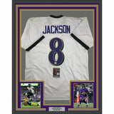 FRAMED Autographed/Signed LAMAR JACKSON 33x42 Baltimore White Jersey JSA COA