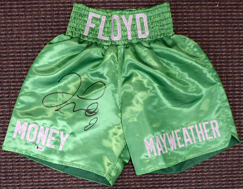 FLOYD MAYWEATHER JR. AUTOGRAPHED GREEN BOXING TRUNKS BECKETT BAS STOCK #159665