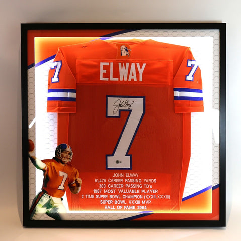 John Elway Autographed Broncos Jersey with Emb. Inscriptions in Framed Lightbox