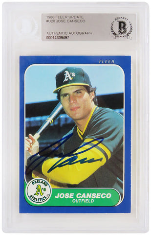 Jose Canseco Autographed Oakland A's 1986 Fleer RC Card #U-20 -(Beckett)