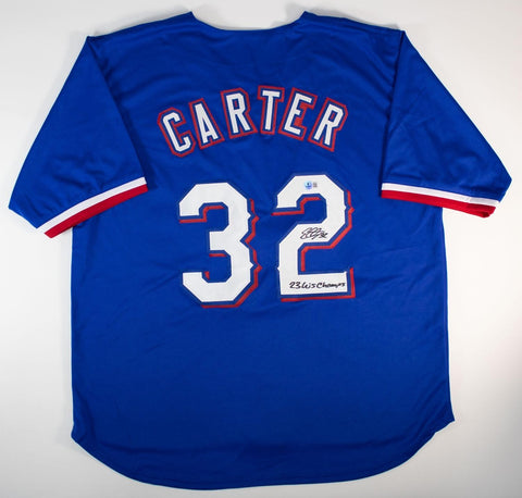 Evan Carter " 23 W.S. Champs" Signed Texas Rangers Jersey (Beckett) Center Field