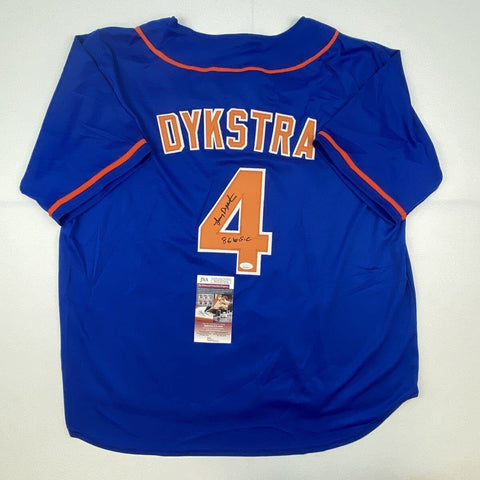 Autographed/Signed Lenny Dykstra 86 WS Champs New York Blue Baseball Jersey JSA