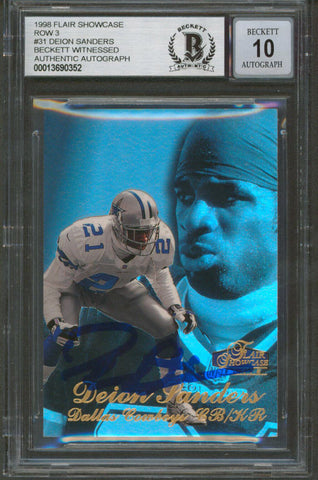 Cowboys Deion Sanders Signed 1998 Flair Showcase Row 3 #31 Card Auto 10 BAS Slab
