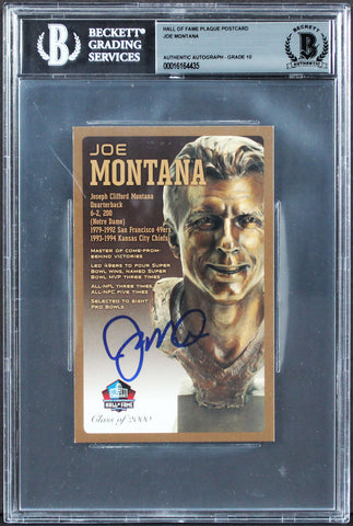 49ers Joe Montana Signed 3.5x5.5 HOF Plaque Postcard Auto 10! BAS Slabbed