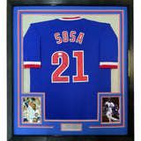 Framed Autographed/Signed Sammy Sosa 35x39 Chicago Blue Jersey JSA COA