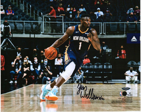 Zion Williamson New Orleans Pelicans Signed 8x10 Dribbling In Navy Jersey Photo