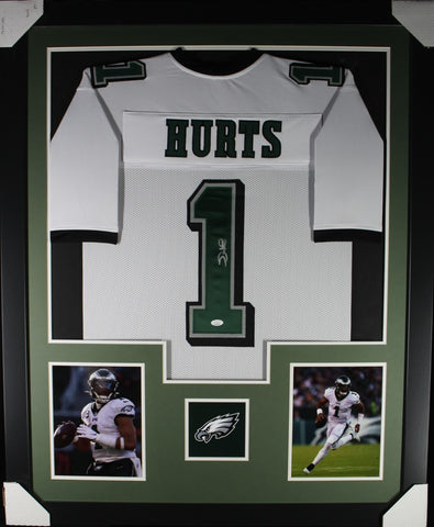JALEN HURTS (Eagles white TOWER) Signed Autographed Framed Jersey JSA