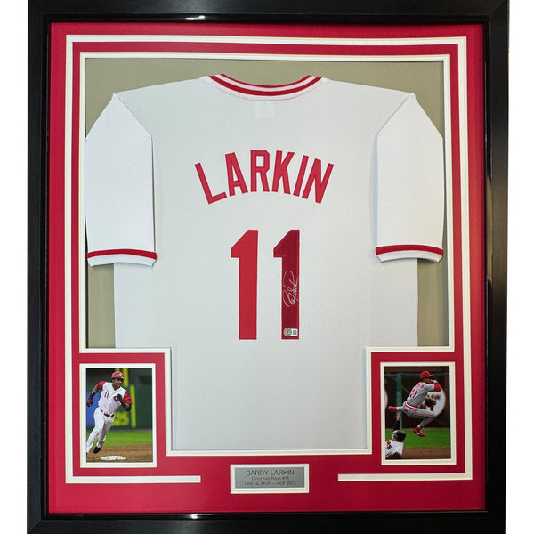 Framed Autographed/Signed Barry Larkin 35x39 Cincinnati White Jersey COA