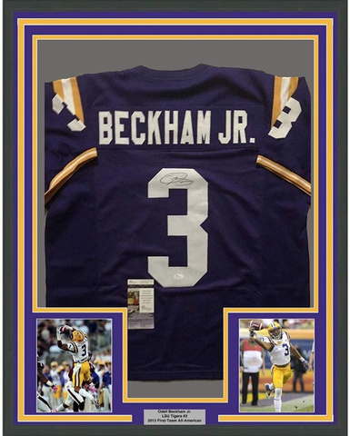 Framed Autographed/Signed Odell Beckham Jr. 33x42 Purple College Jersey JSA COA