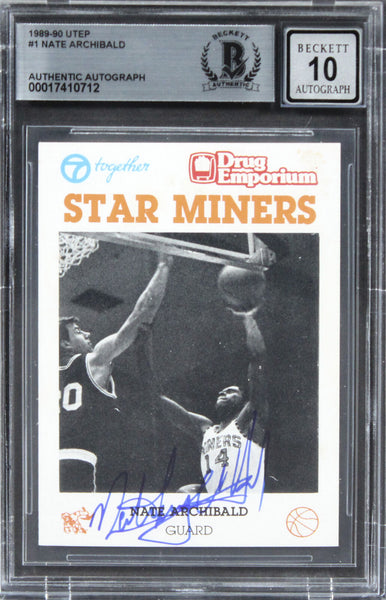 Nate Archibald Authentic Signed 1989 Utep #1 Card Auto Graded 10! BAS Slabbed