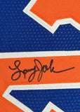 FRAMED Autographed/Signed LARRY JOHNSON 35x39 New York Blue Jersey PSA COA