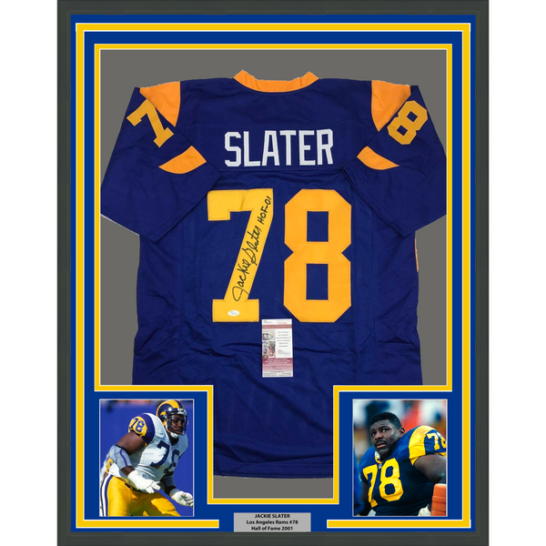 Framed Autographed/Signed Jackie Slater 33x42 HOF 01 LA Blue Jersey JSA COA