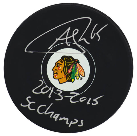 Andrew Shaw Signed Blackhawks Logo Hockey Puck w/SC Champs - (SCHWARTZ COA)