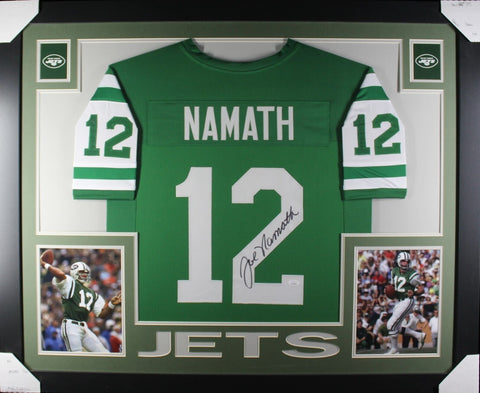 Joe Namath Autographed/Signed Pro Style Framed Green XL Jersey Beckett 40141